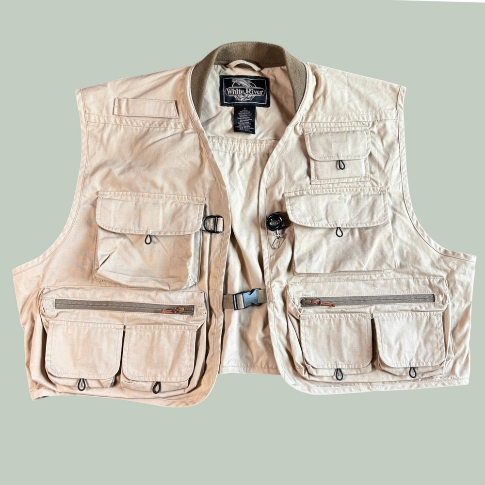 White River Men Fishing Vest XL Tan Cotton Blend Multi Pocket Utility Gorpcore